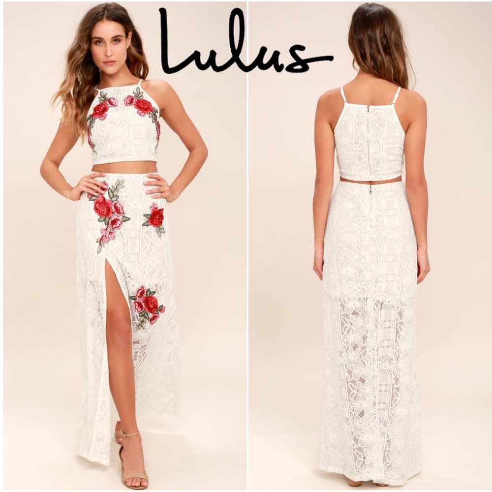 Lulu's White Maxi Dress with Red Rose Embroidery